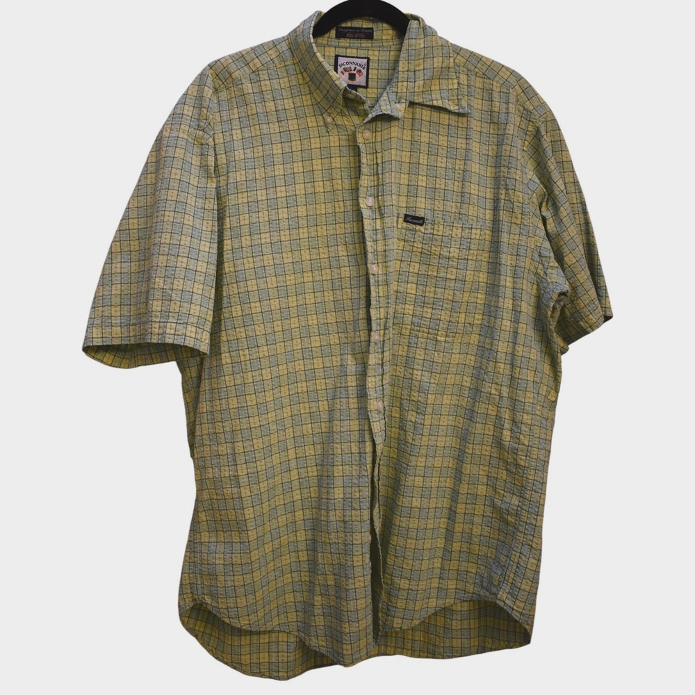 FACONNABLE Plaid Short Sleeve Button Down Shirt - Yellow & Green - Mens Large